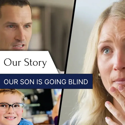 Split screen image showing Stephen mid conversation (upper left), Kristina on the verge of tears (right), and Luke smiling  (bottom left), with the banner text reading "Our Story" and "our son is going blind". The image is a clickable link to a YouTube video.