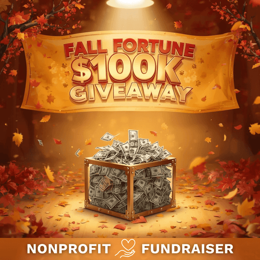 Promotional graphic for a fall fortune $100k giveaway with a chest of money and autumn leaves.