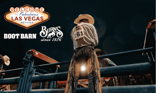 Person in cowboy hat and boots with 'Burns Boot Barn' branding in a rodeo setting.