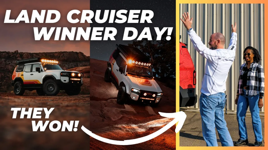 Promotional image for 'Land Cruiser Winner Day' with vehicles and people celebrating.