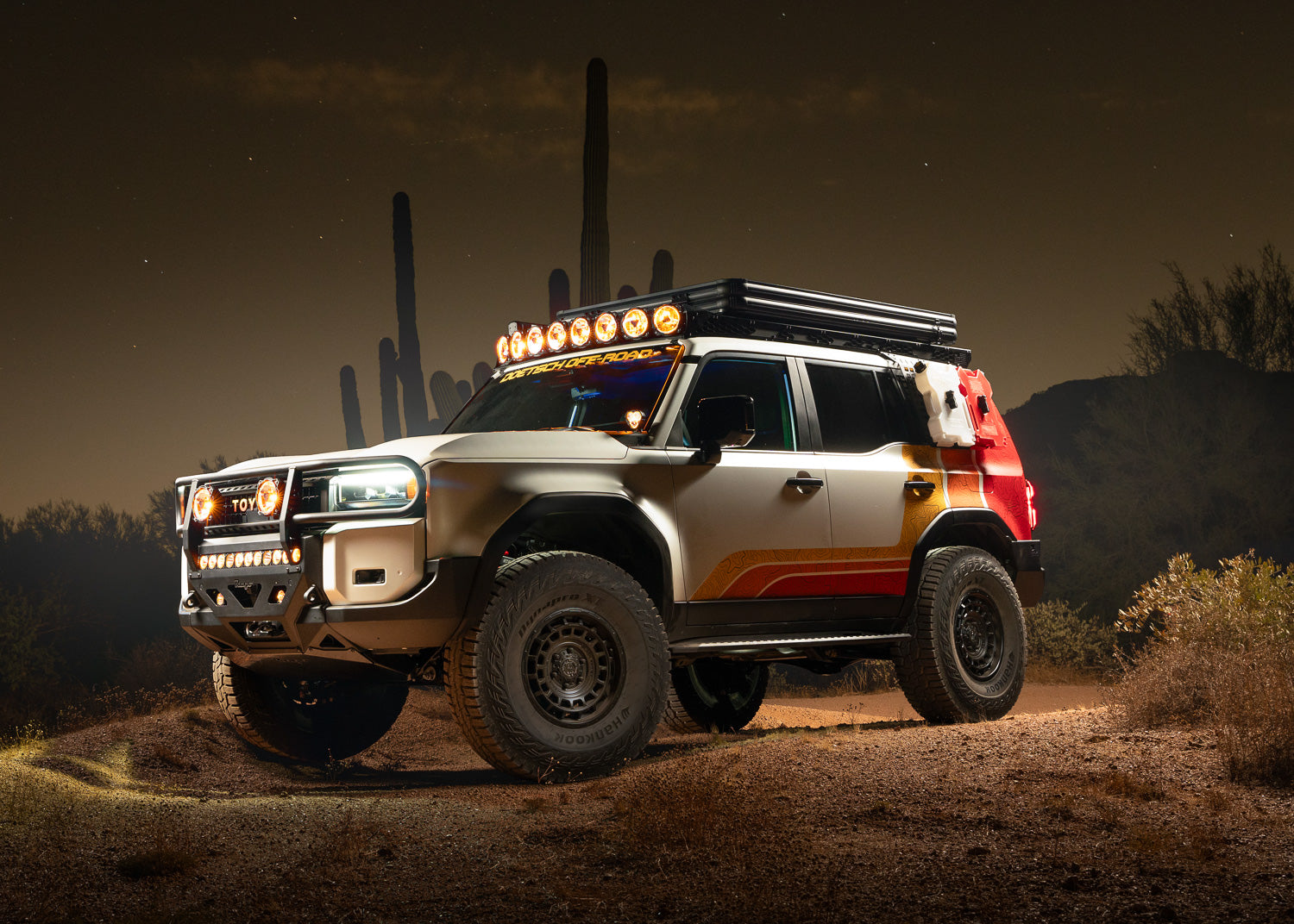 Rugged Overland Land Cruiser in the desert at night