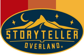 Storyteller Overland logo with mountain design on a blue background