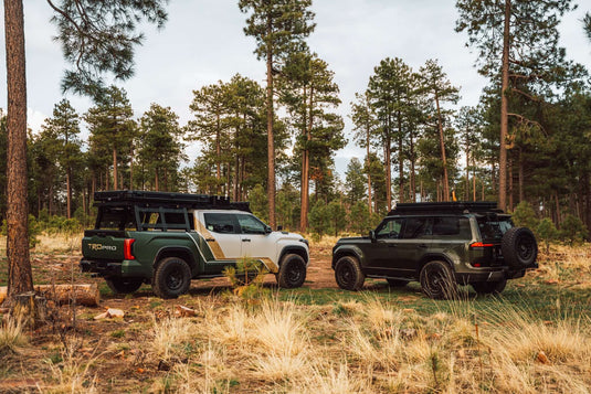 Two off-road vehicles parked in a forested area with tall trees.