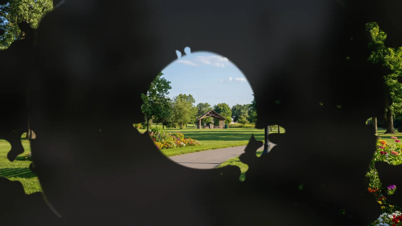 A ragged dark ring around a clear center, with small clear islands near the edges.