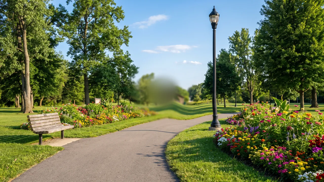 The scene with the center bent and wavy; the path edges and lamp post are distorted while the edges are sharp.