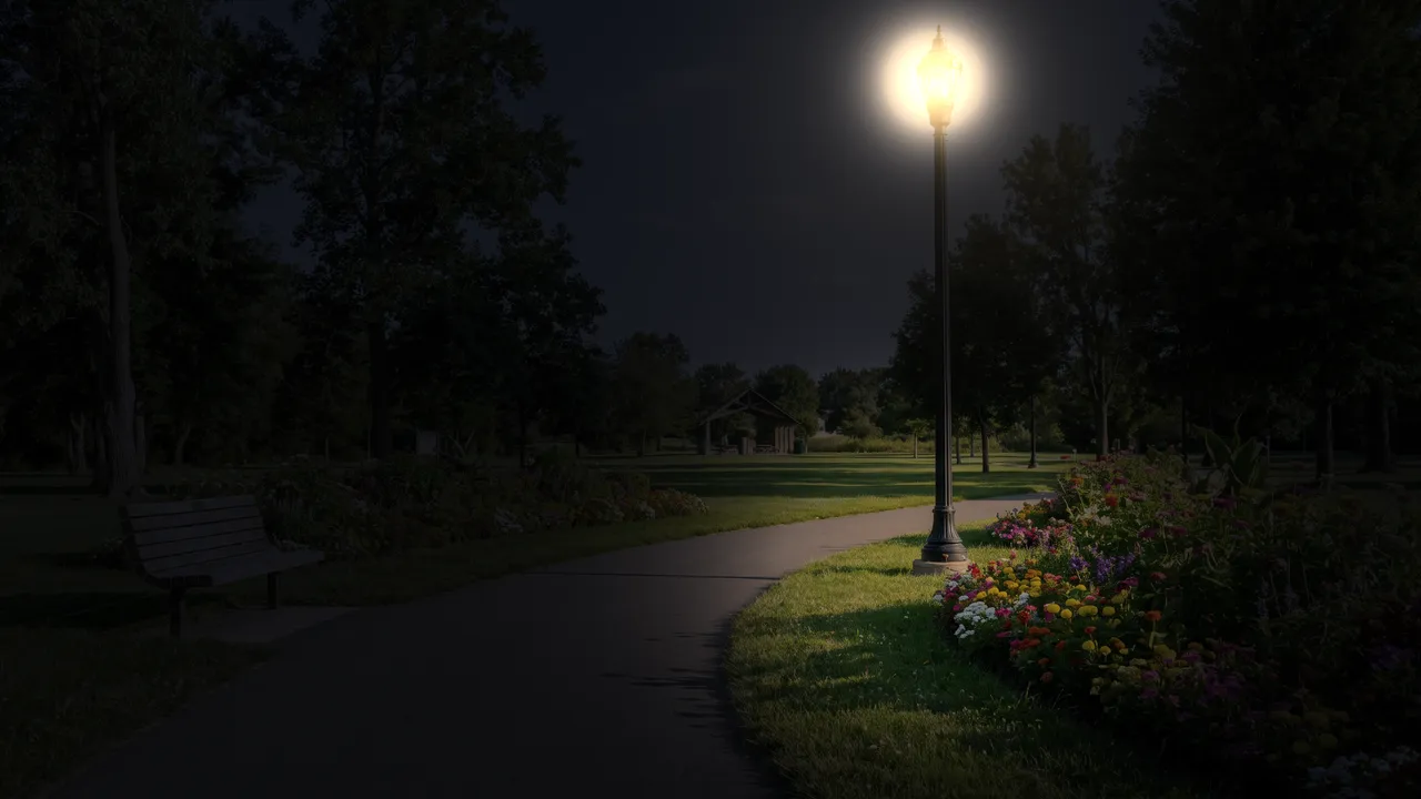 The night scene dimmer than it should be; the path and bench are still there.