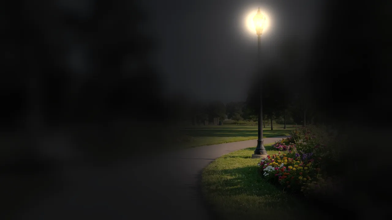 Only the lit path and the nearest trees remain; the rest is a dark blur.