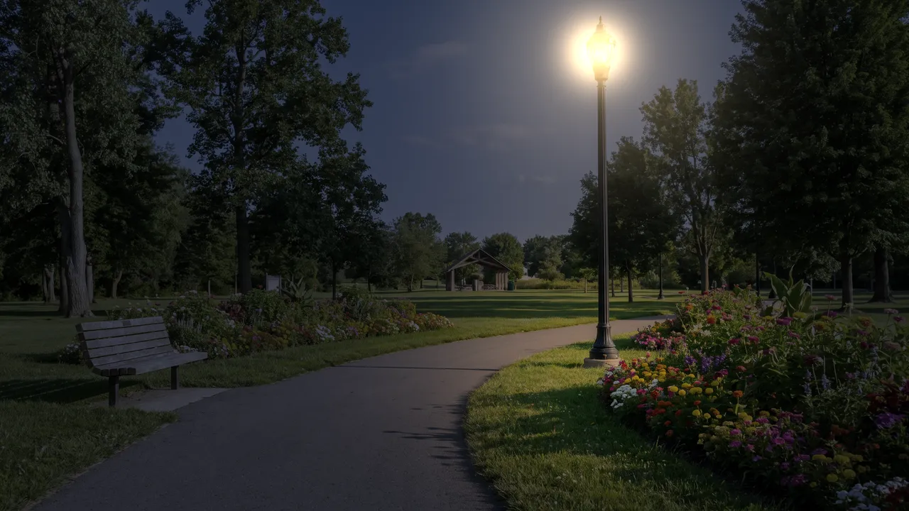The same park at night: the lamp is lit, and the path, bench and nearest trees are still visible in low light.