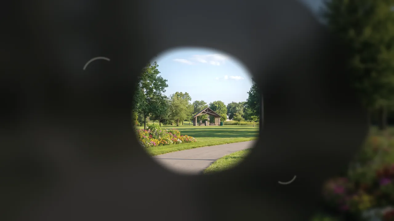 The scene seen through an oval about a quarter of the frame wide; outside it the picture is dark.