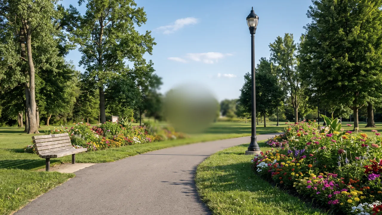 The scene with a blurred grey patch over the center; the edges are sharp and in color.