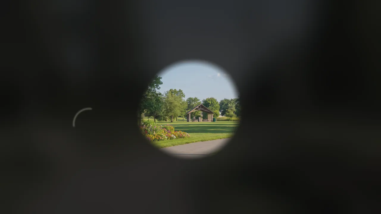 The scene seen through a central oval; outside it the picture is dark.