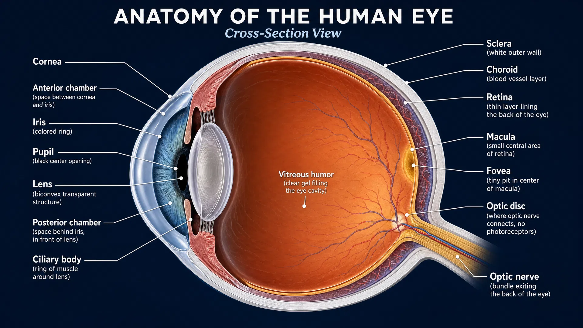 Illustration of the eye cross-section showing the retina at the back of the eye