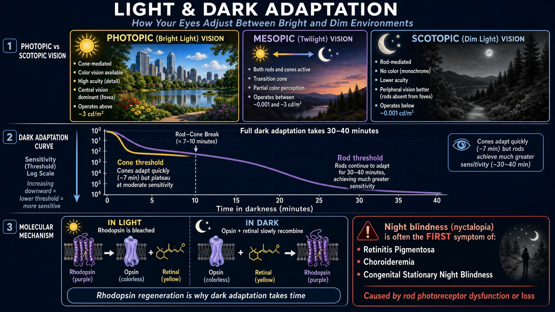 Infographic explaining light and dark adaptation, showing photopic versus scotopic versus mesopic vision, the dark adaptation curve with cone and rod thresholds over 40 minutes, the molecular mechanism of rhodopsin bleaching and regeneration, and the connection to night blindness in IRDs