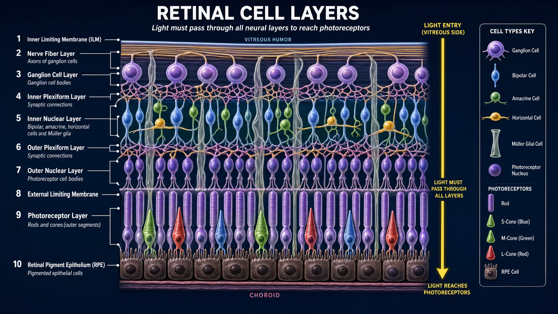 Detailed cross-section of retinal layers showing all 10 layers from the inner limiting membrane to the retinal pigment epithelium, with labeled cell types including rods, cones, bipolar cells, ganglion cells, and Müller glial cells