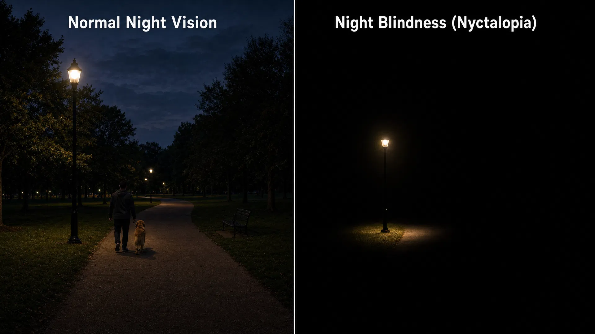 Split comparison: left shows normal night vision where a park path is visible in dim light, right shows night blindness where only the immediate area around a lamp is visible and everything else is black