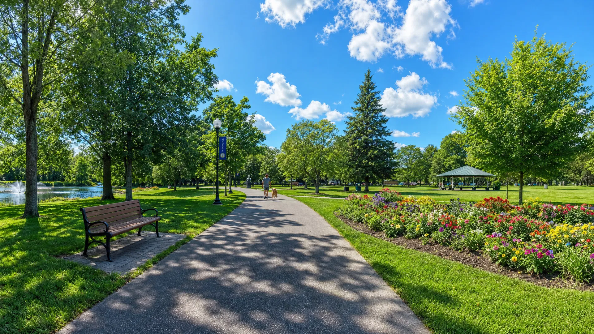 Normal healthy vision showing a park scene with full color, sharp focus, and complete peripheral awareness