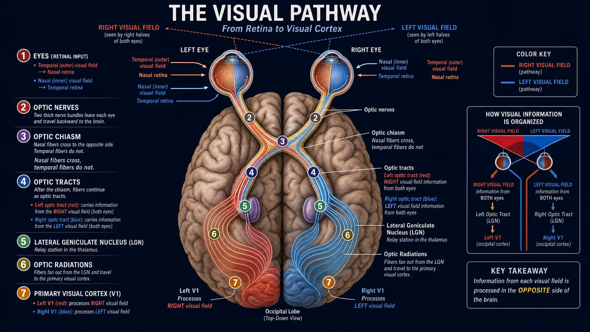 Diagram of the visual pathway showing the path from both eyes through the optic nerves, optic chiasm, lateral geniculate nucleus, optic radiations, to the primary visual cortex, with color-coded left and right visual field pathways